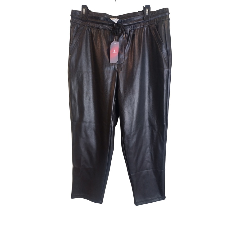 SANTINY Faux Leather Joggers Black Elastic Waist Drawstring Pants Womens XL NEW